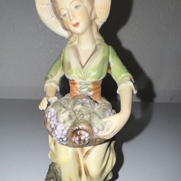 Vintage MCO Marwal Style Porcelain Figurine Girl with Grapes Basket Made in Japan
