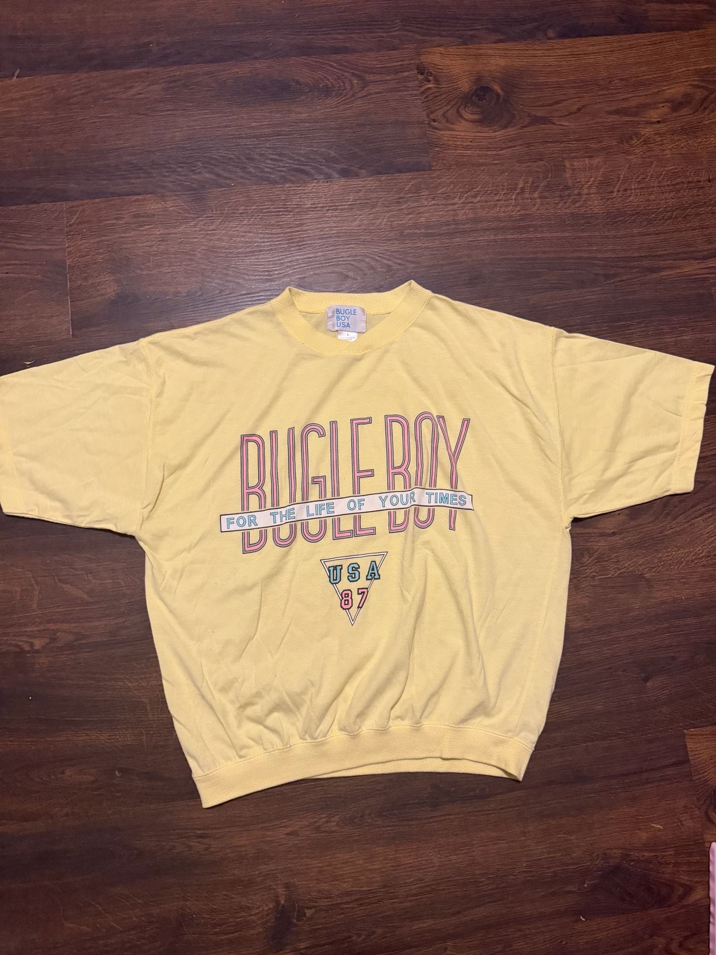 Vintage 80s Bugle Boy USA Graphic T-Shirt Yellow Size Large 2