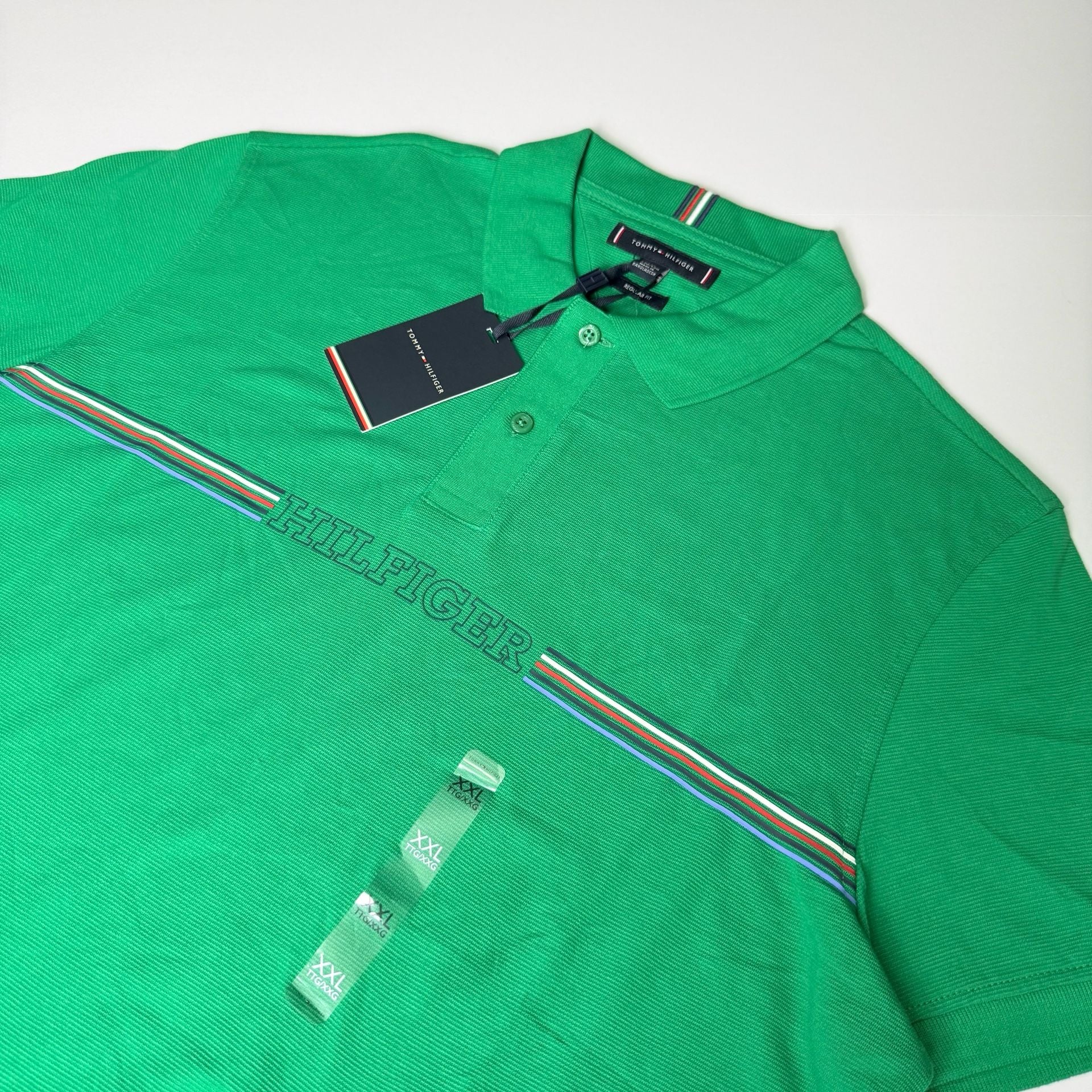 Tommy Hilfiger Men's Green Striped Logo Polo Shirt Size XXL 13