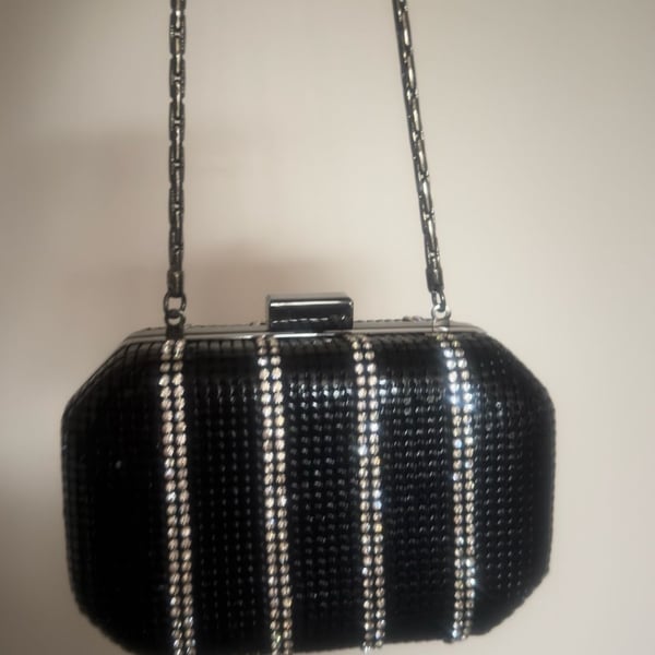 Whiting & Davis Black Crystal Rhinestone Striped Hard Case Clutch