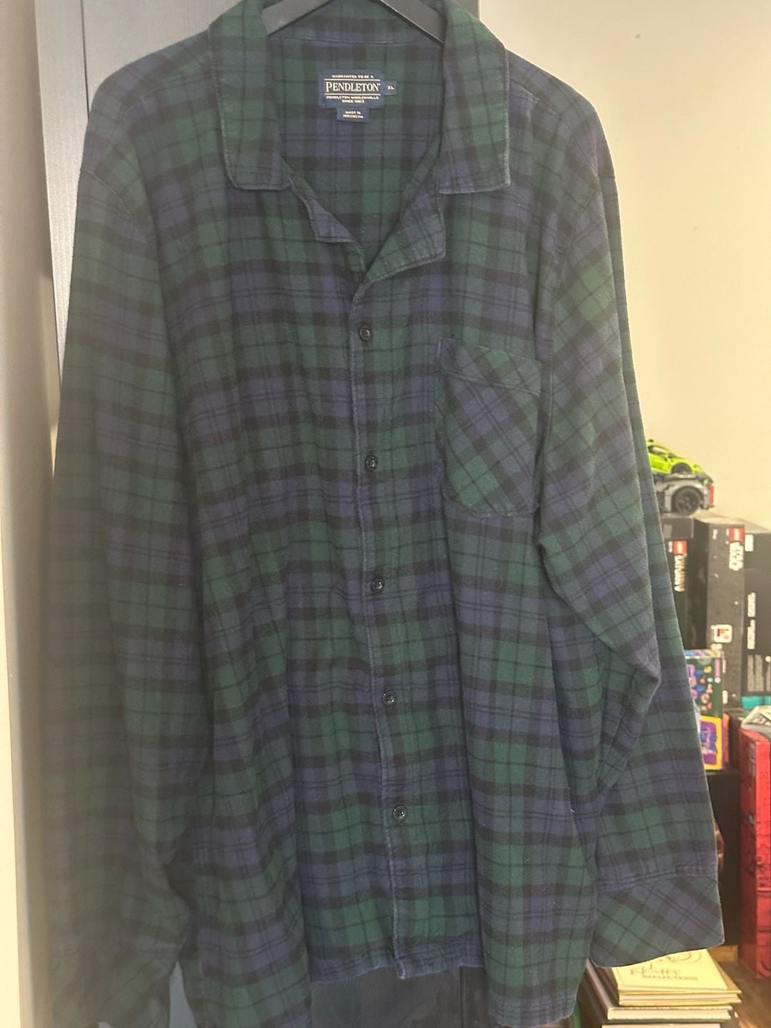 Pendleton Men's XL Green and Navy Plaid Long Sleeve Cotton Flannel Pajama Shirt 2
