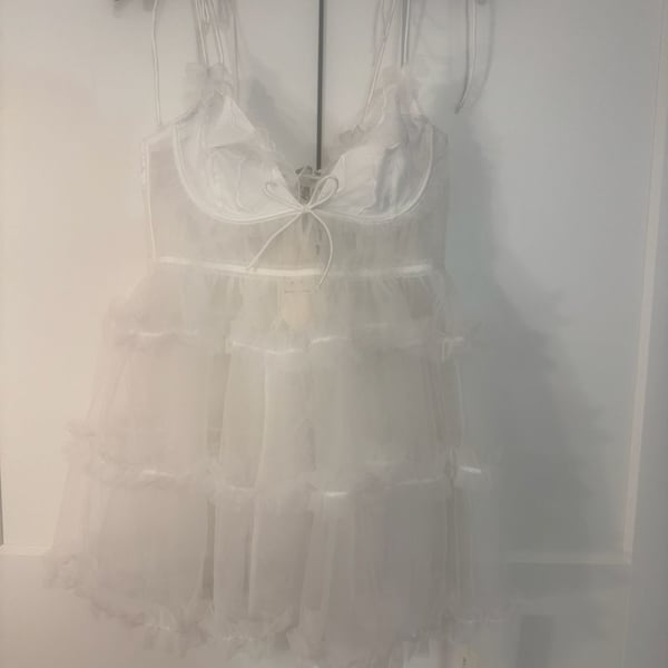 For Love & Lemons White Tulle Tiered Babydoll Chemise panty 2pc Set