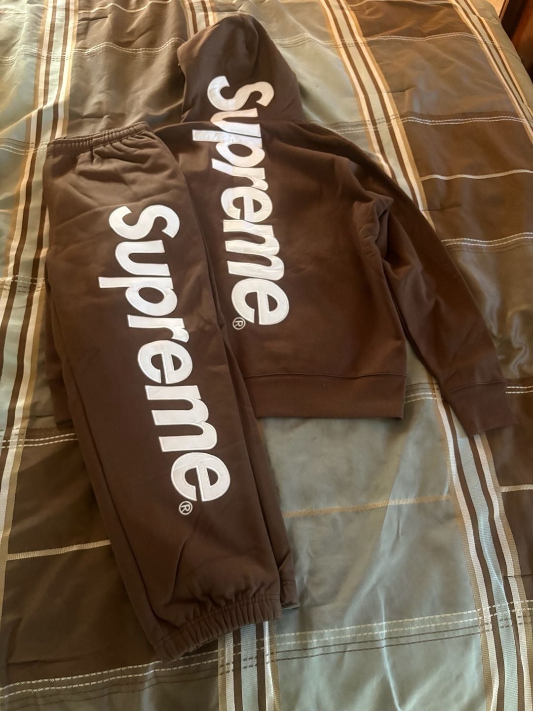 Brown Supreme satin appliqué sweat suit 1