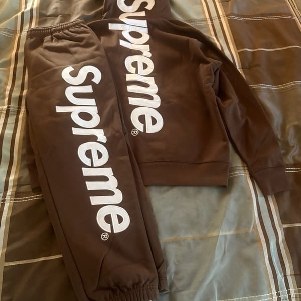 Brown Supreme satin appliqué sweat suit 