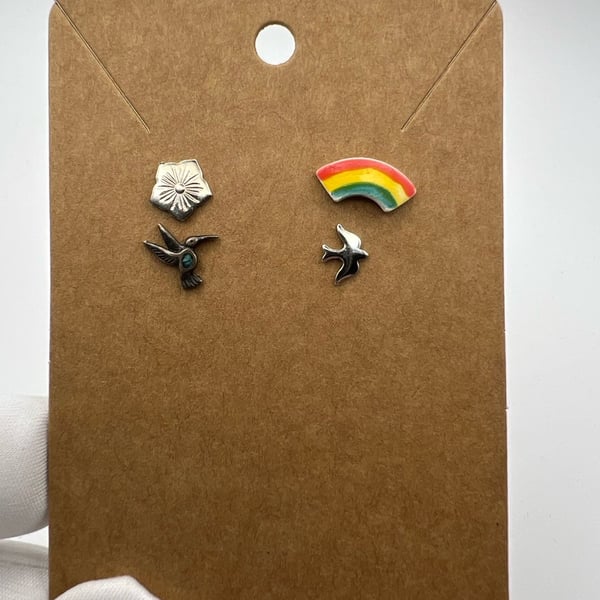 Vintage Mixed Stud Earring Set - Hummingbird, Rainbow, Flower, Bird