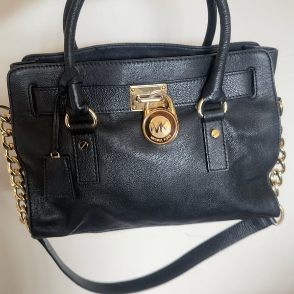 Michael Kors Hamilton Black Leather Satchel with Gold Tone Hardware