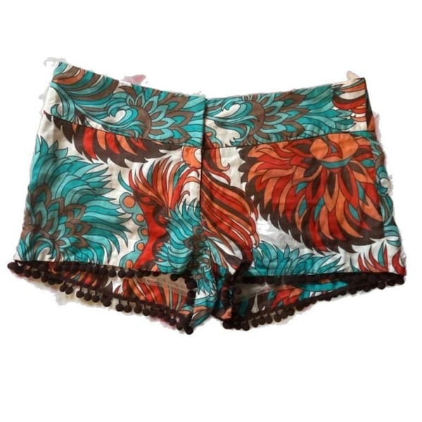 Indie Boho Floral Print Festival Vacation Pom Pom Trim Designer Shorts