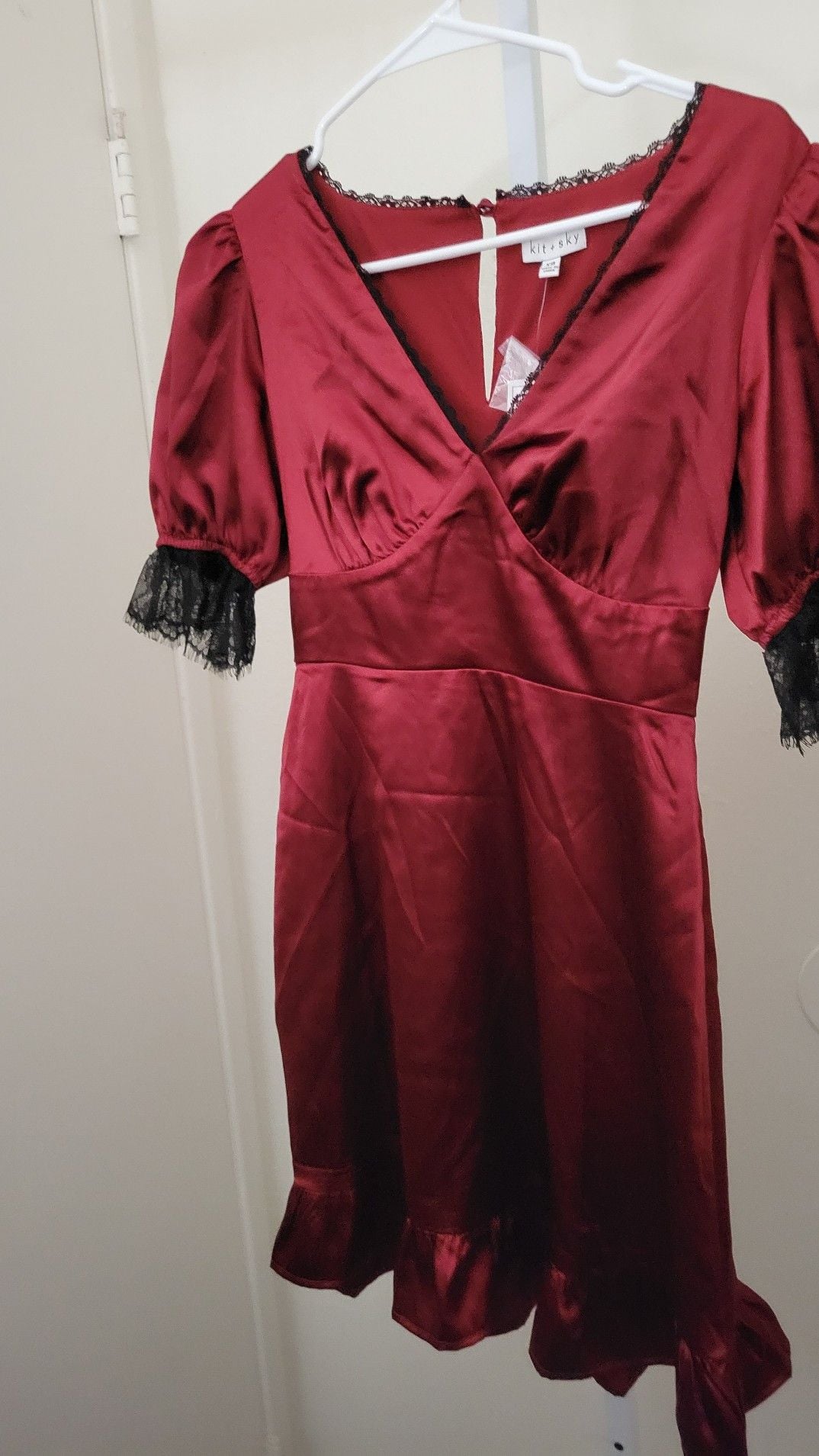 Kit + Sky Red Satin Lace Trim Puff Sleeve Mini Dress XS 1