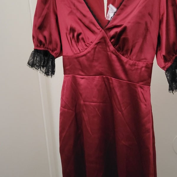 Kit + Sky Red Satin Lace Trim Puff Sleeve Mini Dress XS