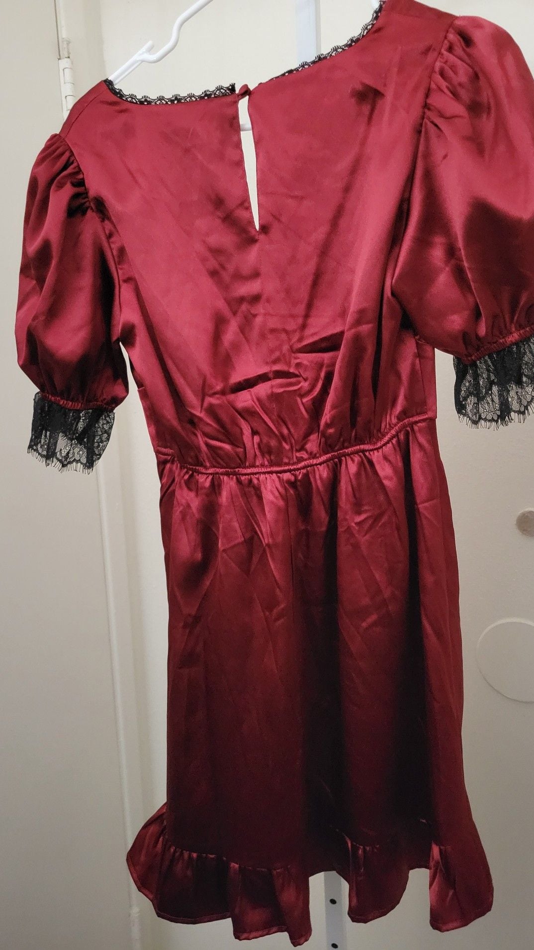 Kit + Sky Red Satin Lace Trim Puff Sleeve Mini Dress XS 2
