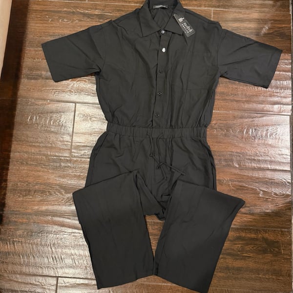 INCERUN Men's Black Short Sleeve Button-Up Jumpsuit Size L