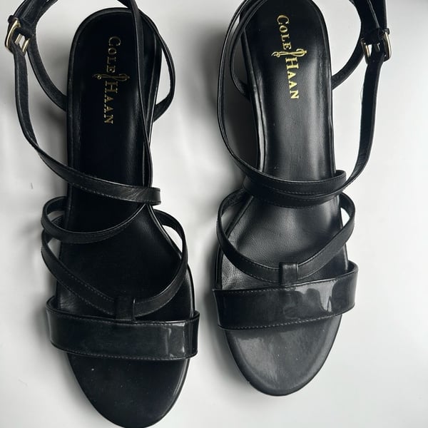 Cole Haan Nike Air Black Leather Strappy Wedge Sandals Size 8B