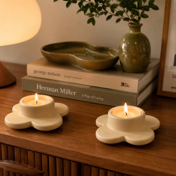 Set of 2 Cream Flower Shaped Ceramic Candle Holders
