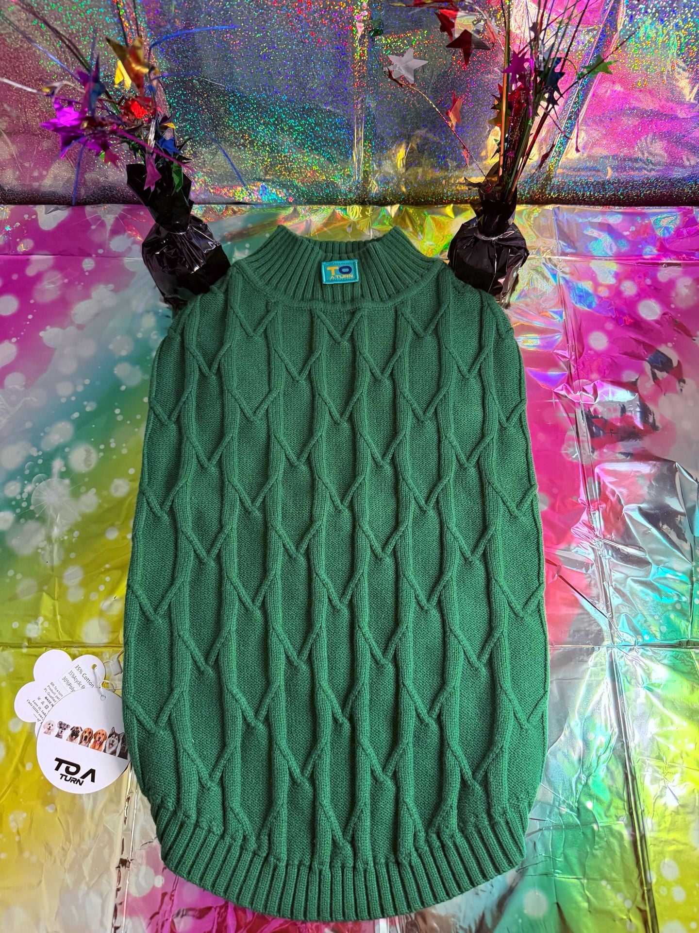 To A Turn Green Cable Knit Pet Sweater 2XL (30-45 lb) 1