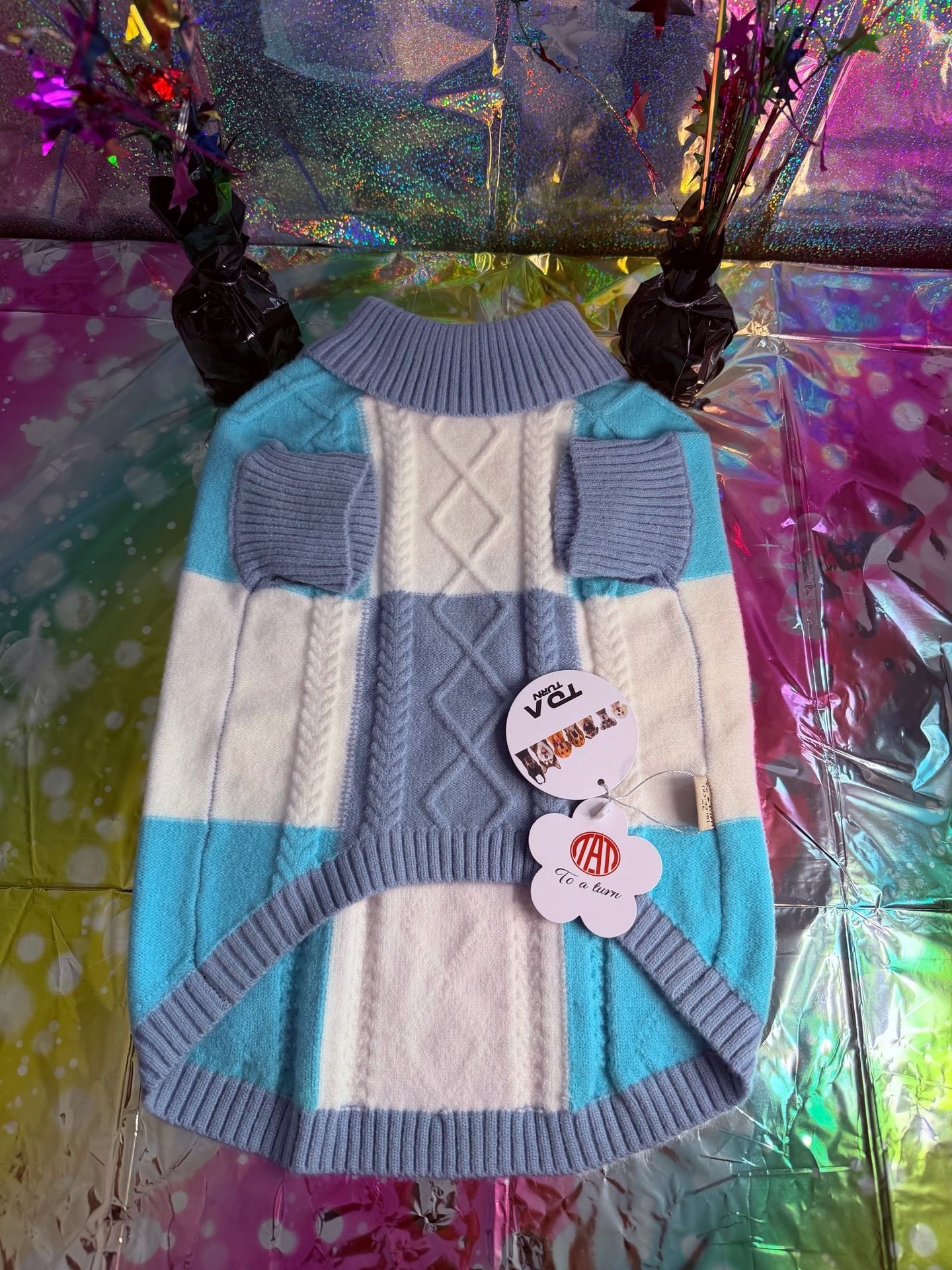 To A Turn Dog Sweater Blue White Checkered Cable Knit Size XL 2
