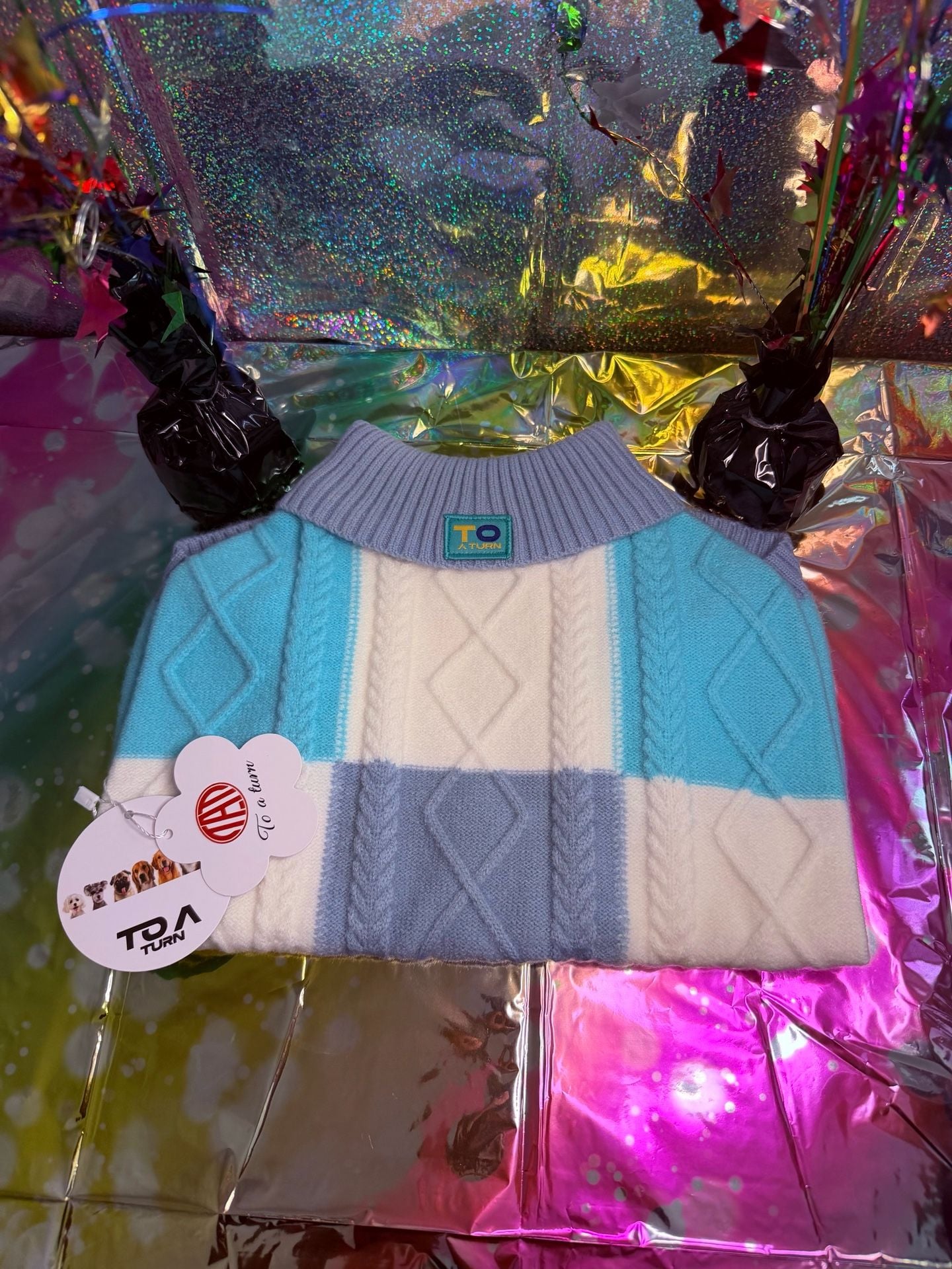 To A Turn Dog Sweater Blue White Checkered Cable Knit Size XL 3