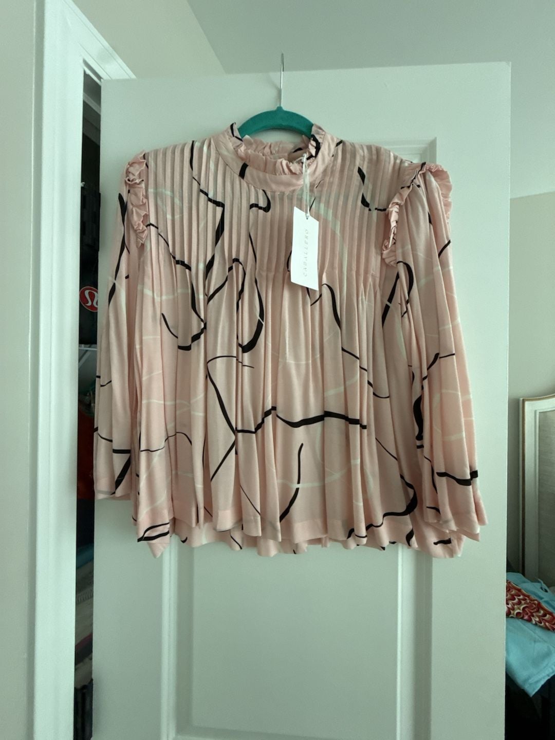 Caballero Pink Abstract Print Pleated Ruffle Neck Blouse 1