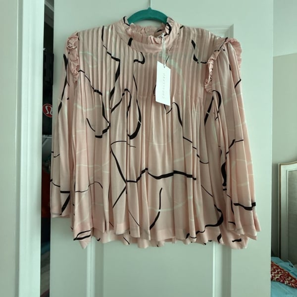 Caballero Pink Abstract Print Pleated Ruffle Neck Blouse