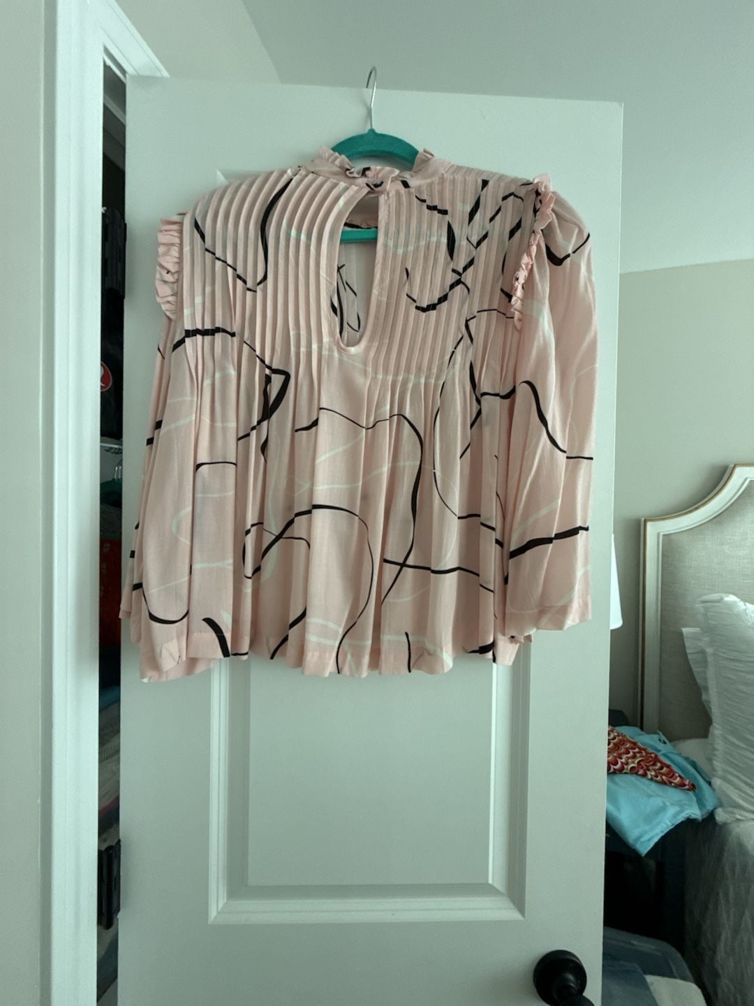 Caballero Pink Abstract Print Pleated Ruffle Neck Blouse 2
