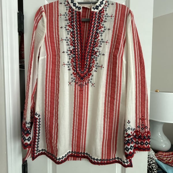 Tory Burch Red White Striped Embroidered Long Sleeve Tunic Blouse Top – Brie,