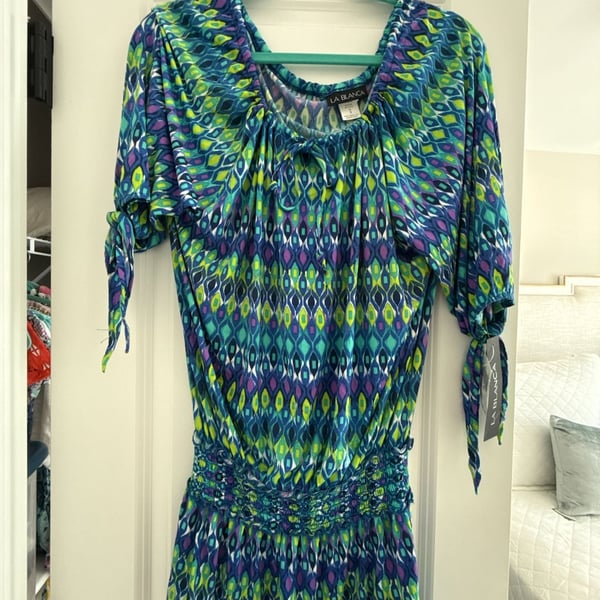 La Blanca Geometric Print Smocked Waist Cover-Up Tunic S