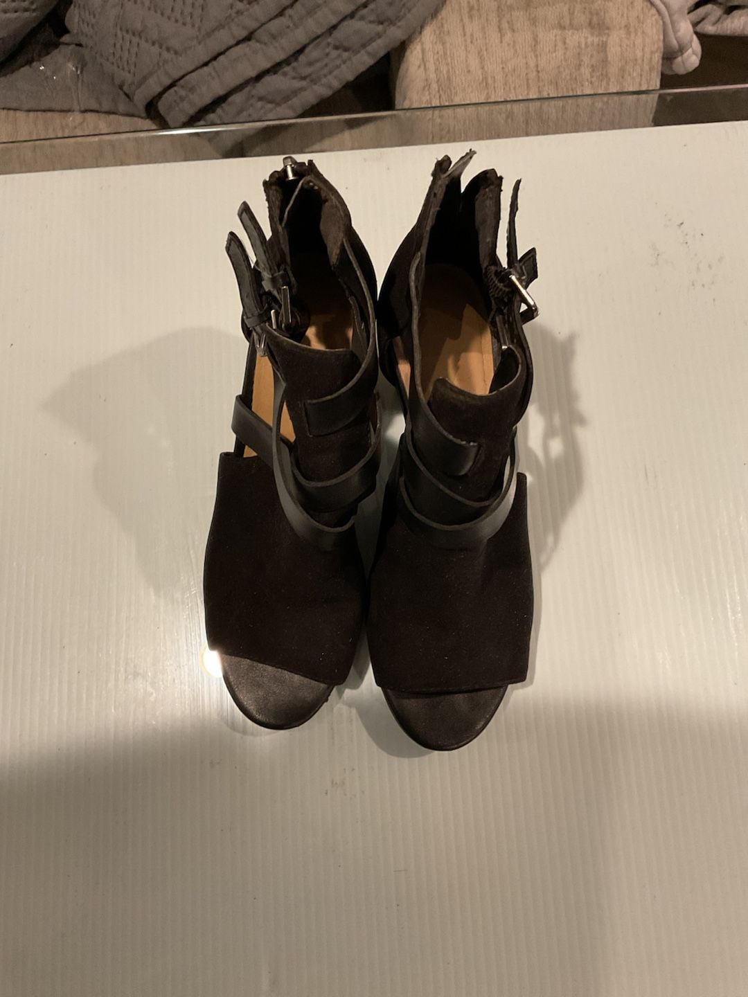 Black Faux Suede Strappy Peep Toe Block Heel Booties 2
