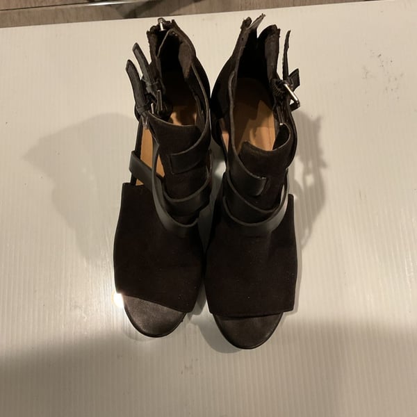 Black Faux Suede Strappy Peep Toe Block Heel Booties