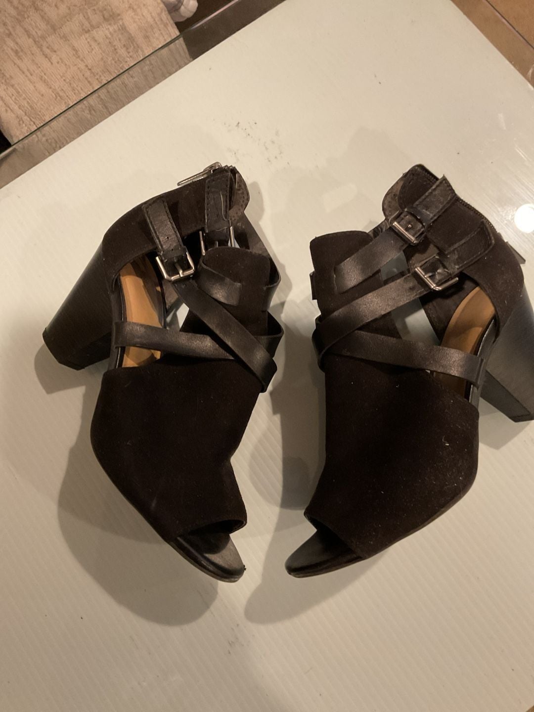 Black Faux Suede Strappy Peep Toe Block Heel Booties 3