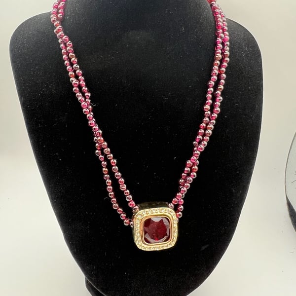 Vintage Double Strand Garnet Bead Necklace with Ornate Gold Tone Pendant