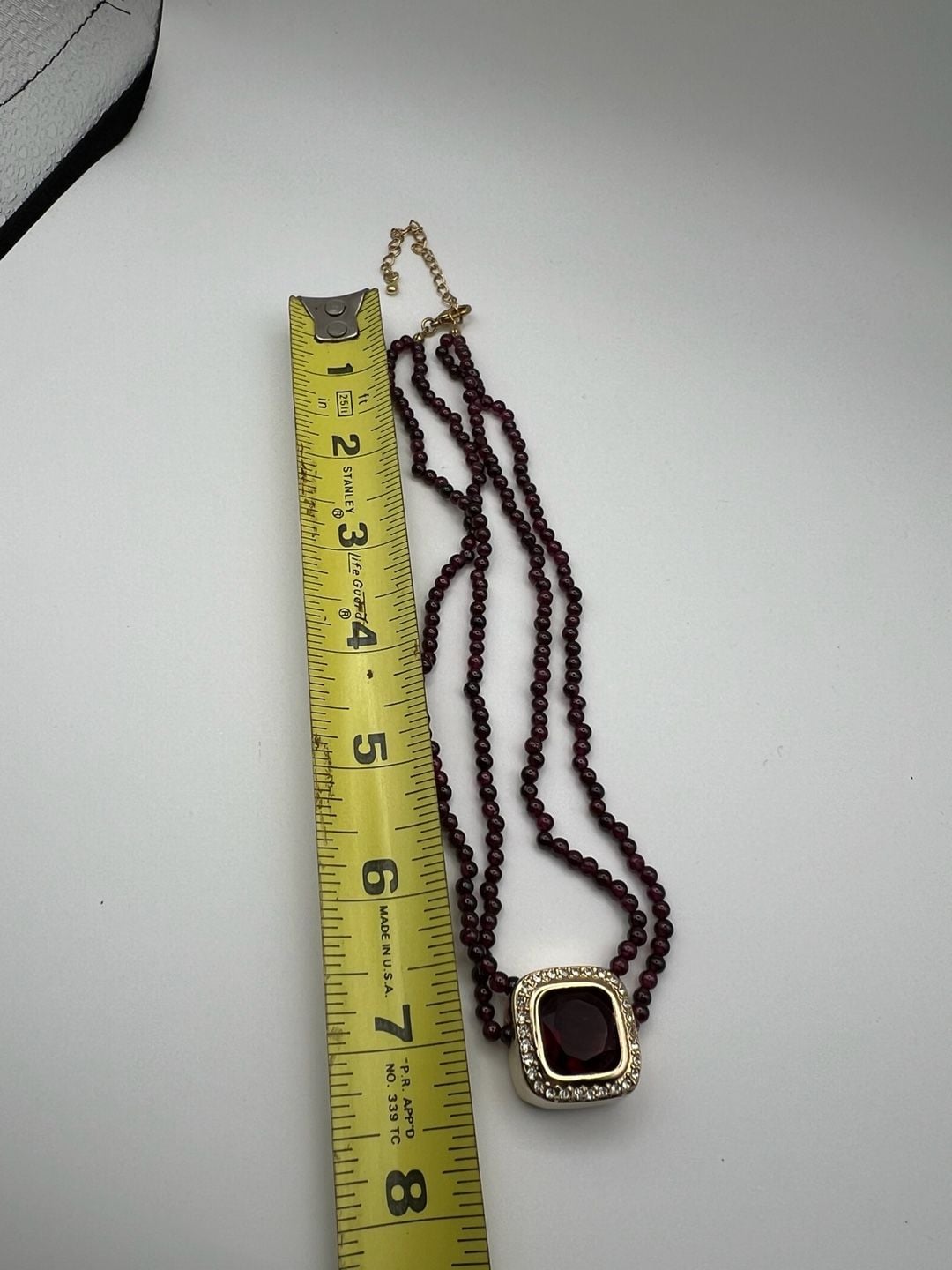 Vintage Double Strand Garnet Bead Necklace with Ornate Gold Tone Pendant 10