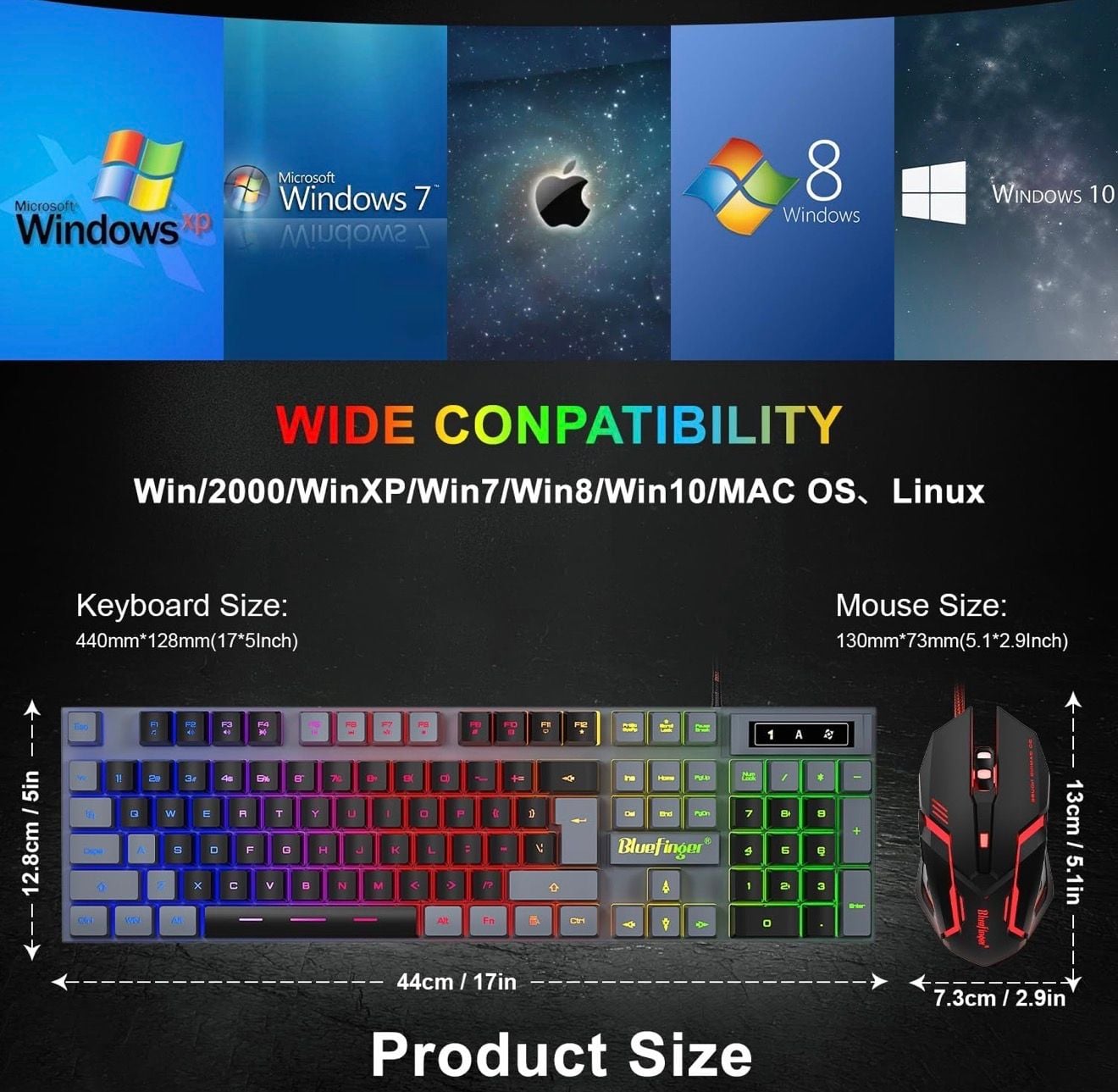 Bluefinger Wired RGB Backlit Gaming Keyboard and Mouse Combo 5
