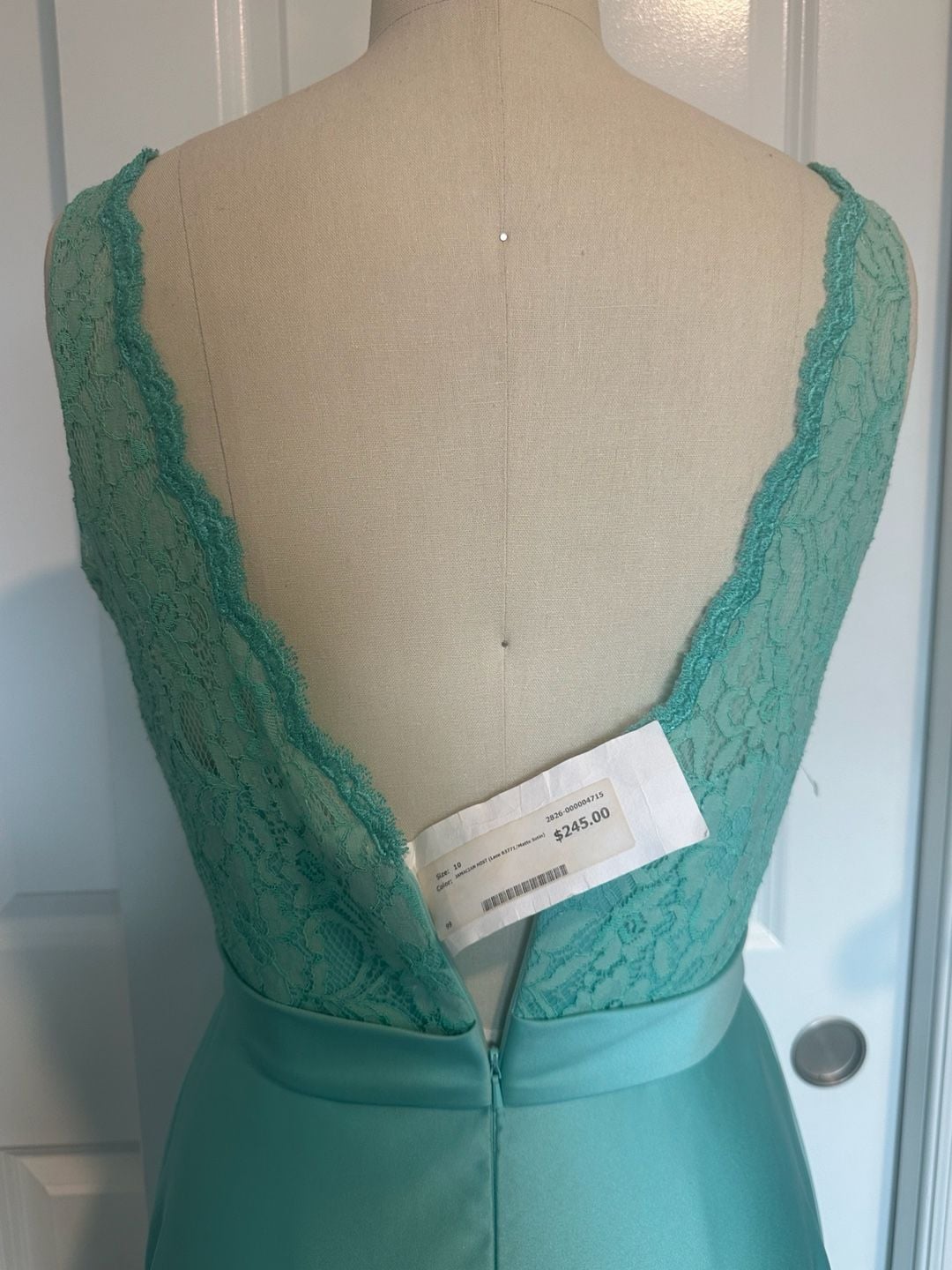 Aqua Turquoise Satin Lace Bodice V-Neck Formal Prom Evening Gown Size 10 8
