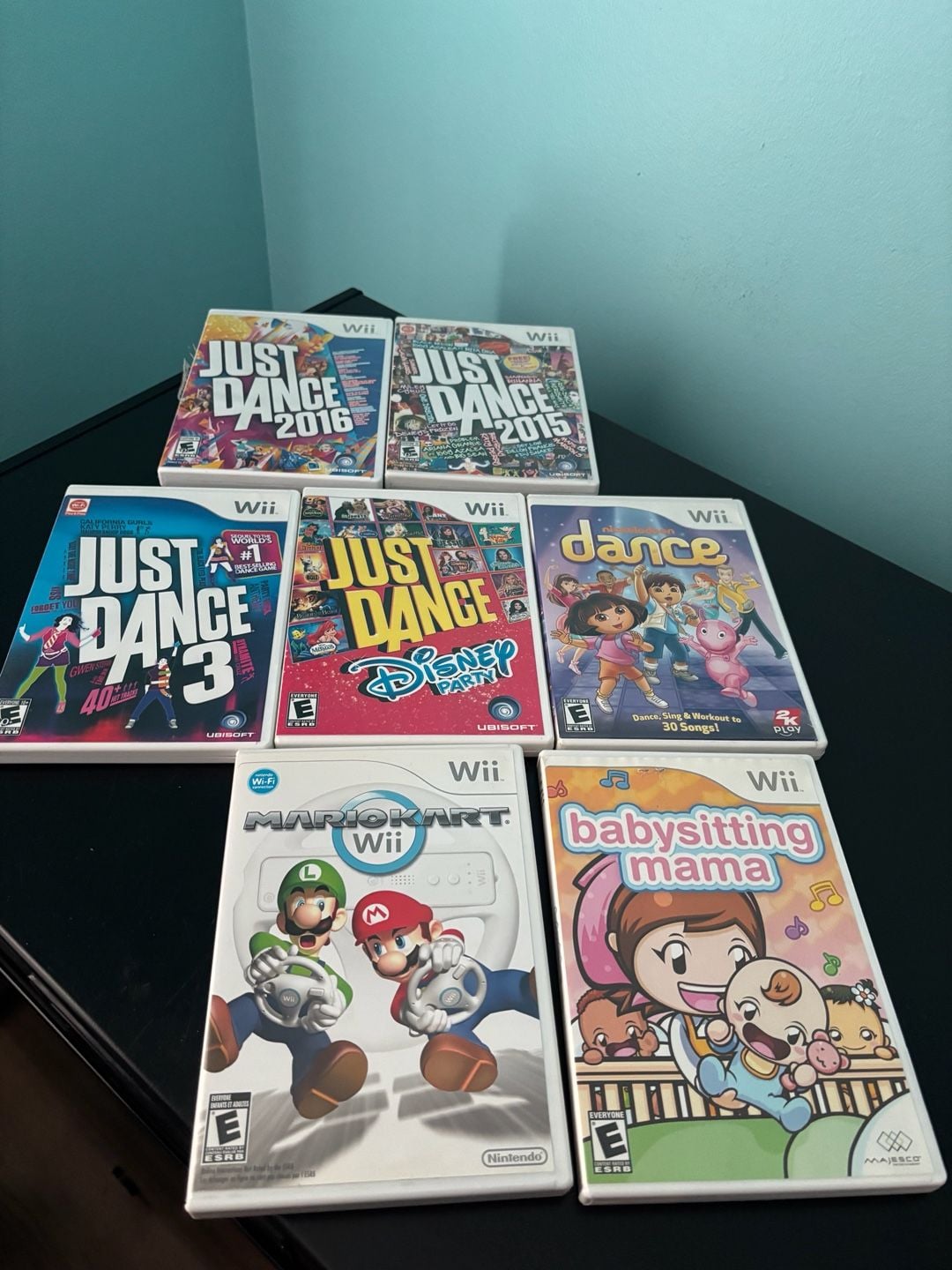 Nintendo Wii Game Lot - Just Dance 2016, 2015, 3, Disney Party, Nickelodeon Dance, Mario Kart, Babysitting Mama in good condition 1