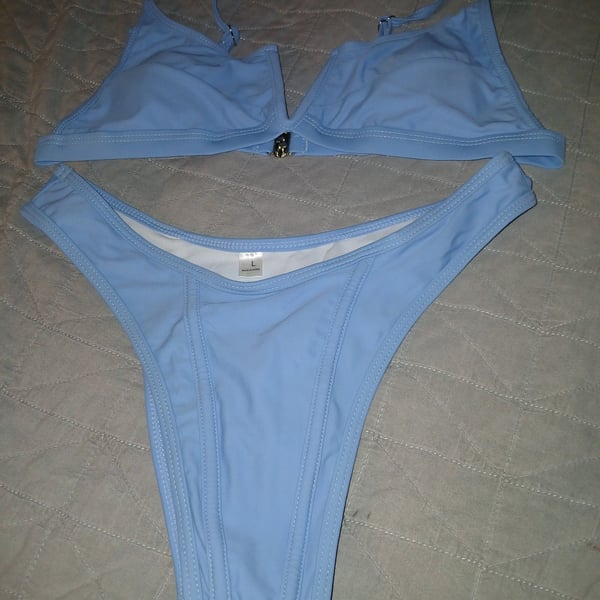 Women's 2 Piece Ribbed Solid Color Bikini Sets Spaghetti Strap Backless Swimwear Bathing Suit Swimsuit Small Light Blue - Business Supplies