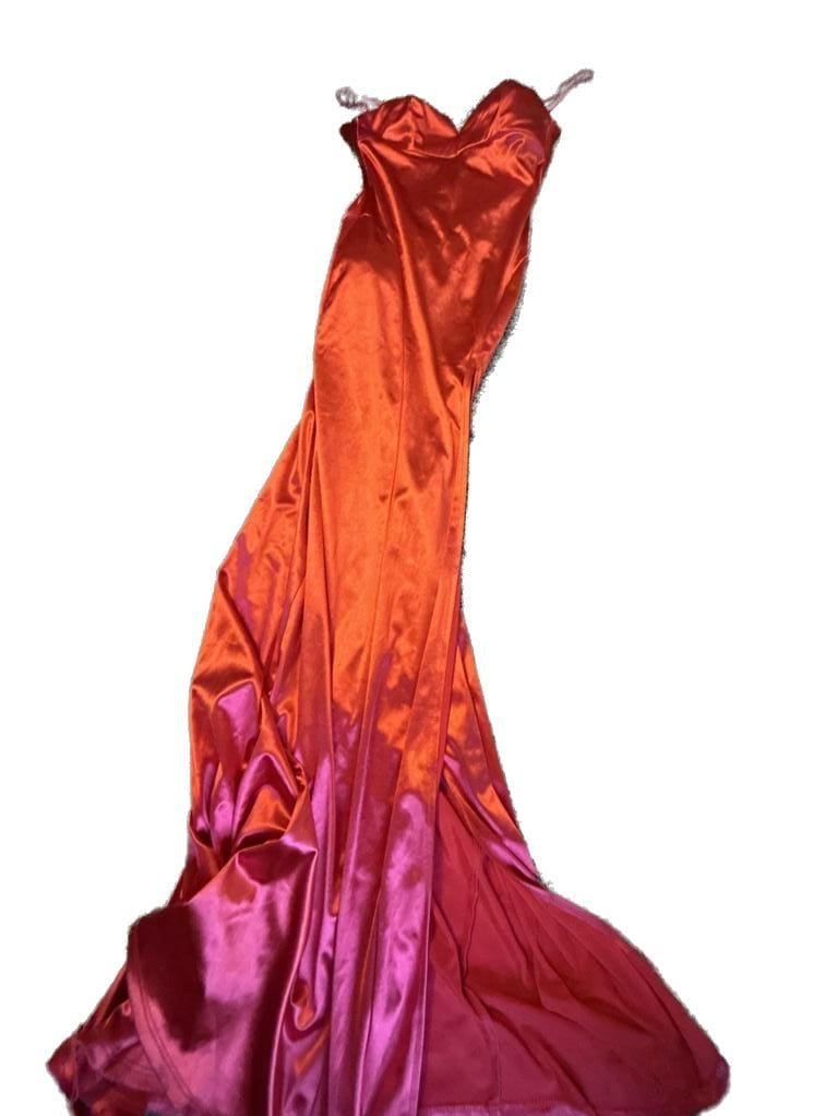 Red Satin V-Neck Spaghetti Strap Formal Gown with Thigh Slit 3