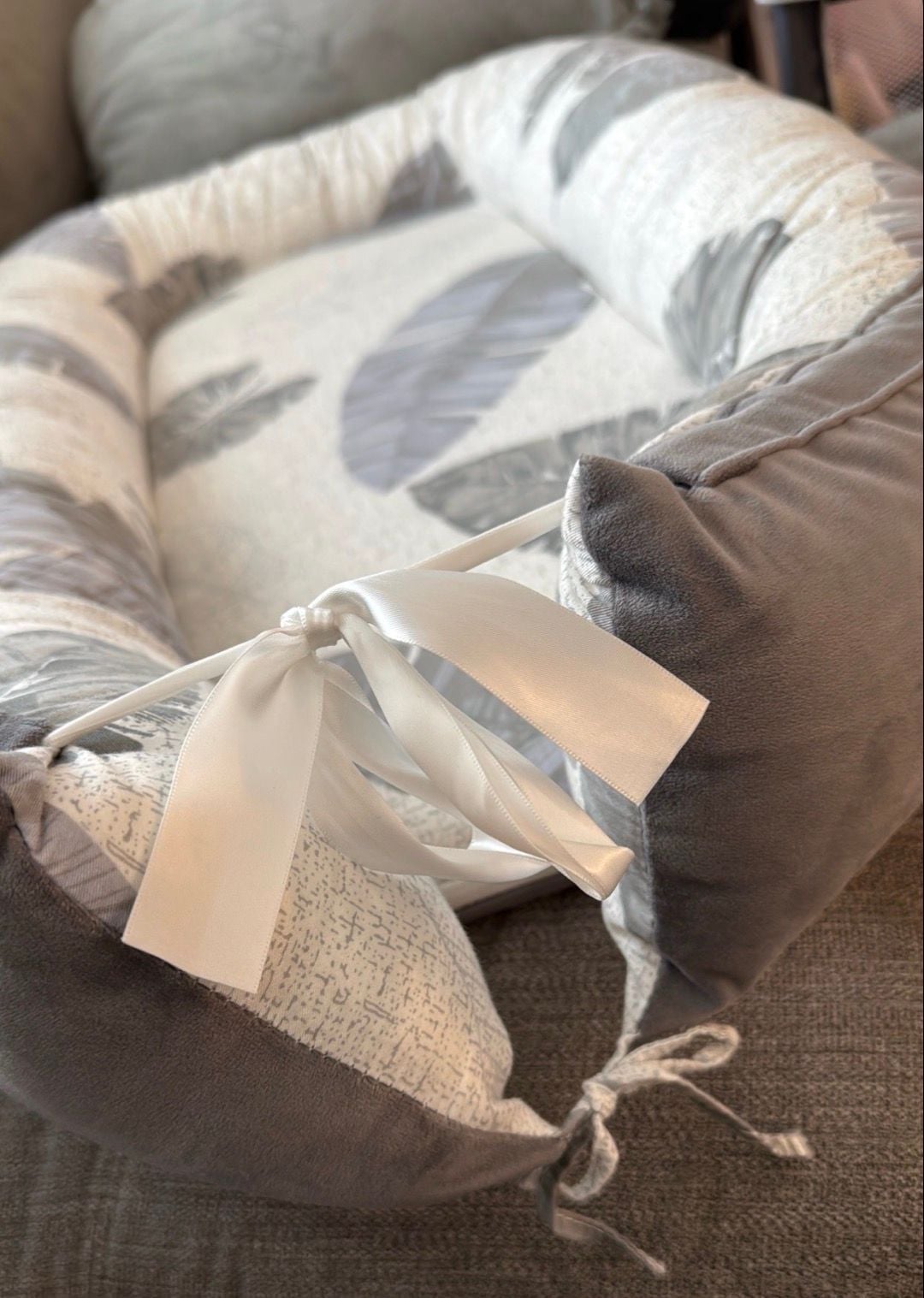 Baby Nest Portable Lounger Grey Leaf Print 4