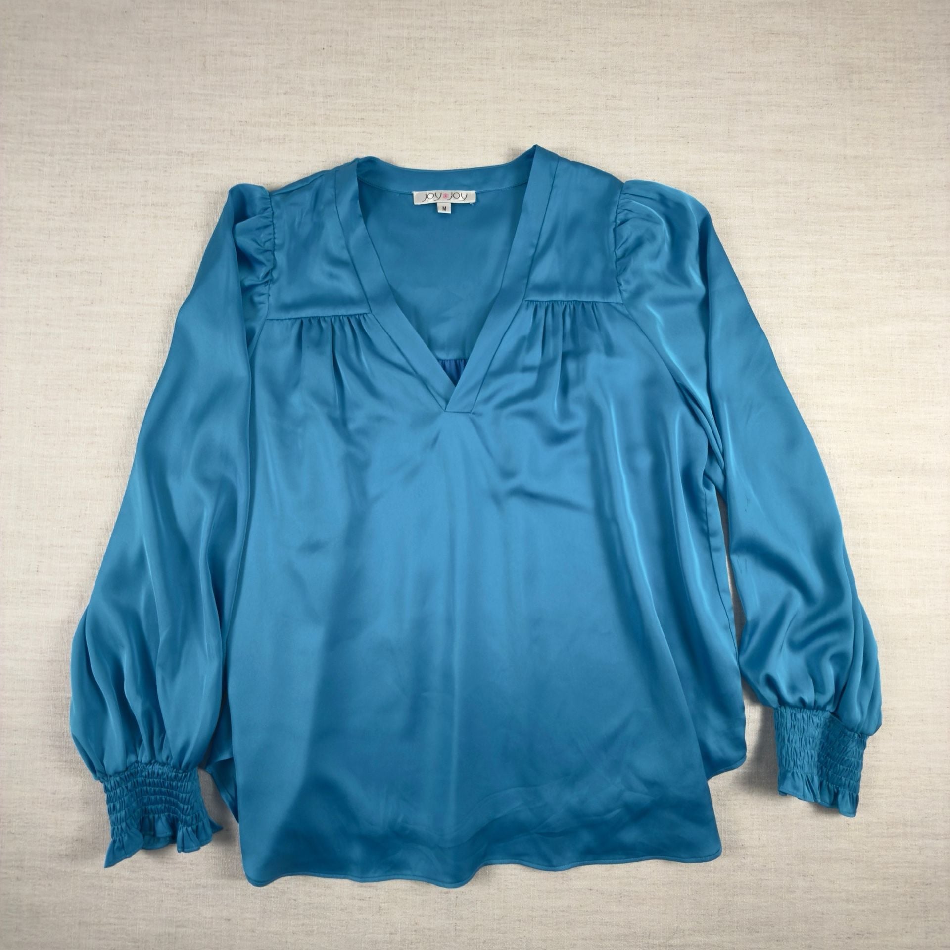Joy Joy Blue Satin Long Sleeve Blouse Size M 2