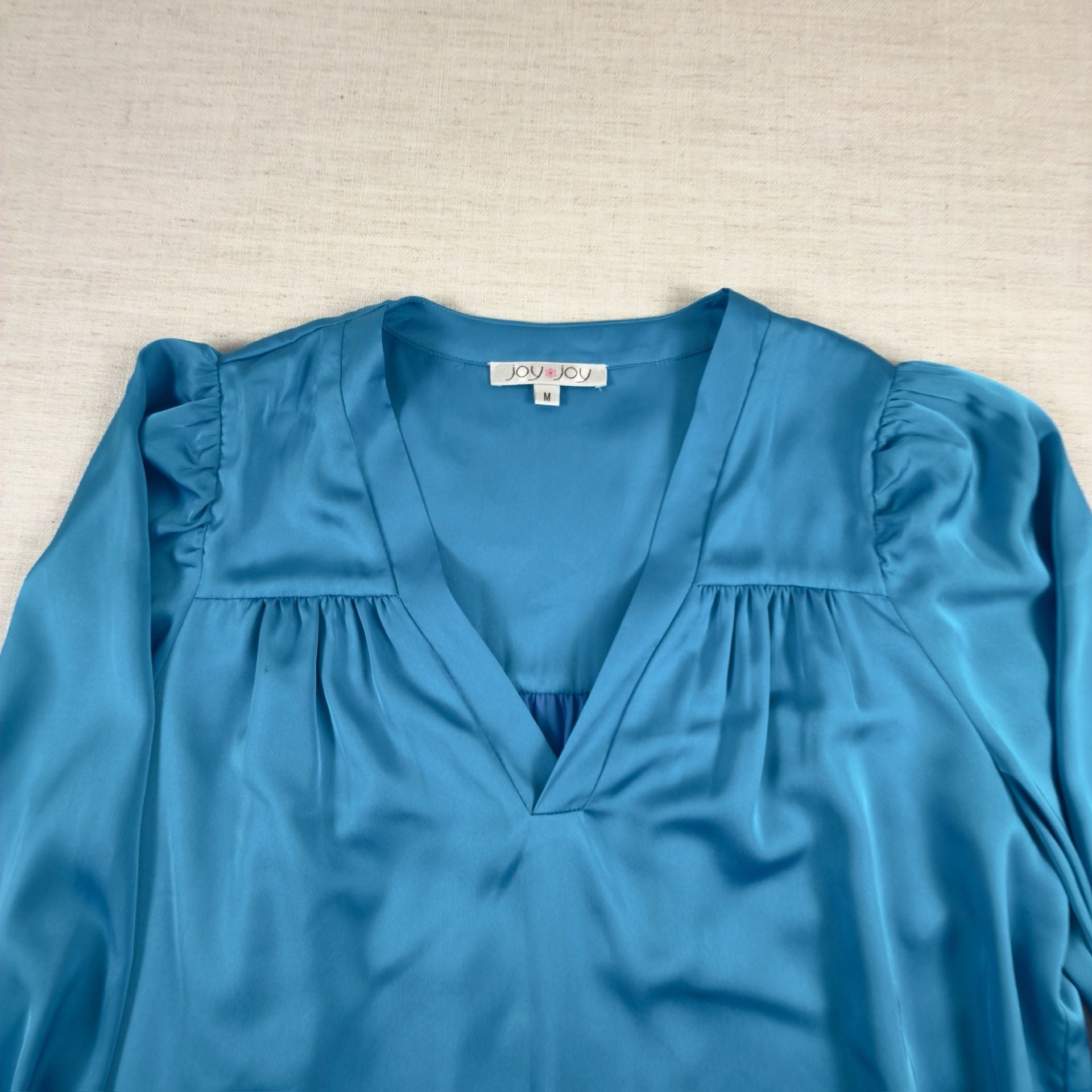 Joy Joy Blue Satin Long Sleeve Blouse Size M 9