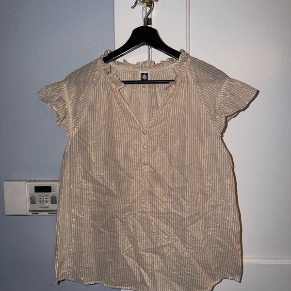 Anne Klein Women's Metallic Striped Ruffle Neck Blouse Size M
