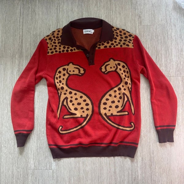 OXKNIT Men's Size L Red Brown Leopard Cheetah Graphic Knit Polo Sweater
