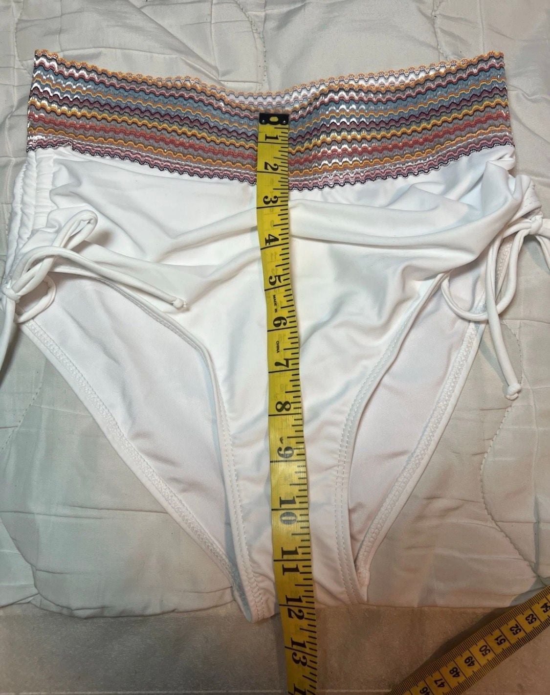 Women's Size S White High-Waisted Bikini Set with Multi-Color Wave Trim 9