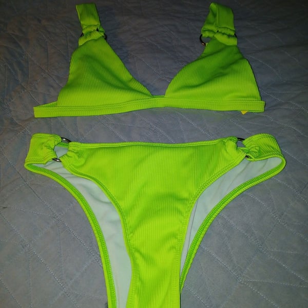 ROMWE Neon Green Ribbed O-Ring Bikini Set Size L