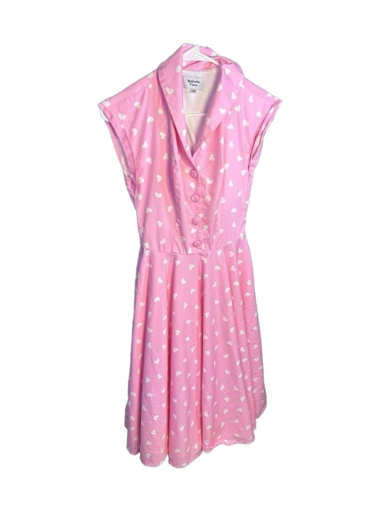 Magnolia Place Pink Heart Print Button Front Dress Size S 2