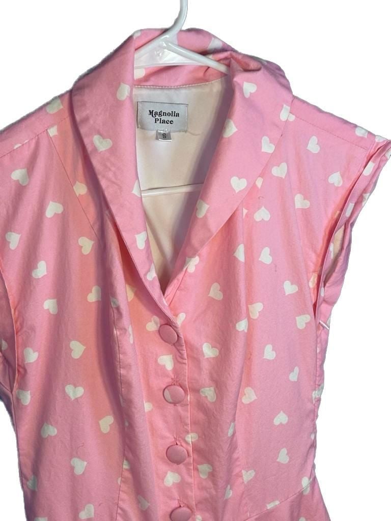 Magnolia Place Pink Heart Print Button Front Dress Size S 3