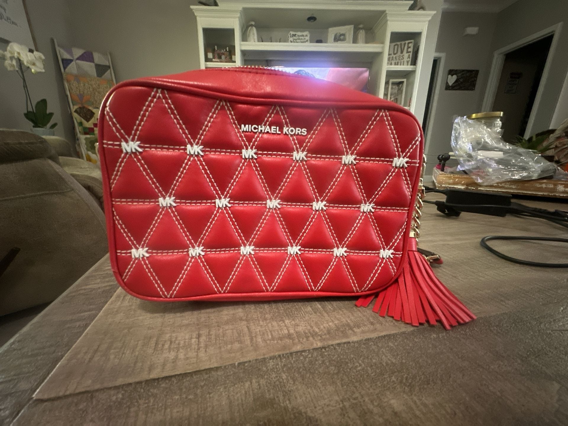 Michael Kors Red Quilted Leather Crossbody Bag with Tassel 2