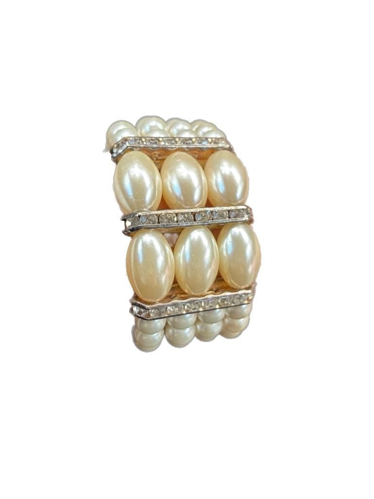 4 Strand White Faux Pearl & Crystal Bracelet Wedding Wide 2
