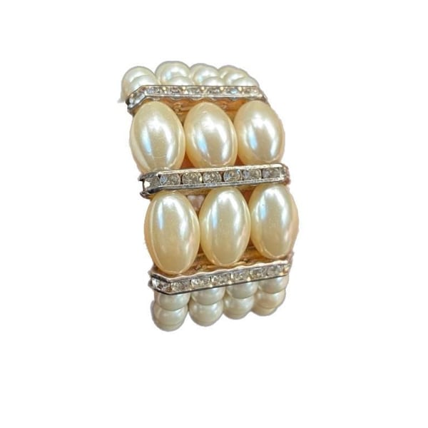4 Strand White Faux Pearl & Crystal Bracelet Wedding Wide