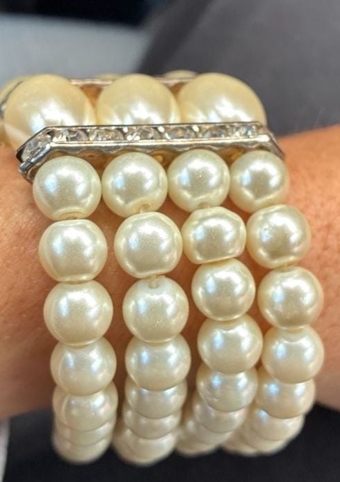 4 Strand White Faux Pearl & Crystal Bracelet Wedding Wide 3