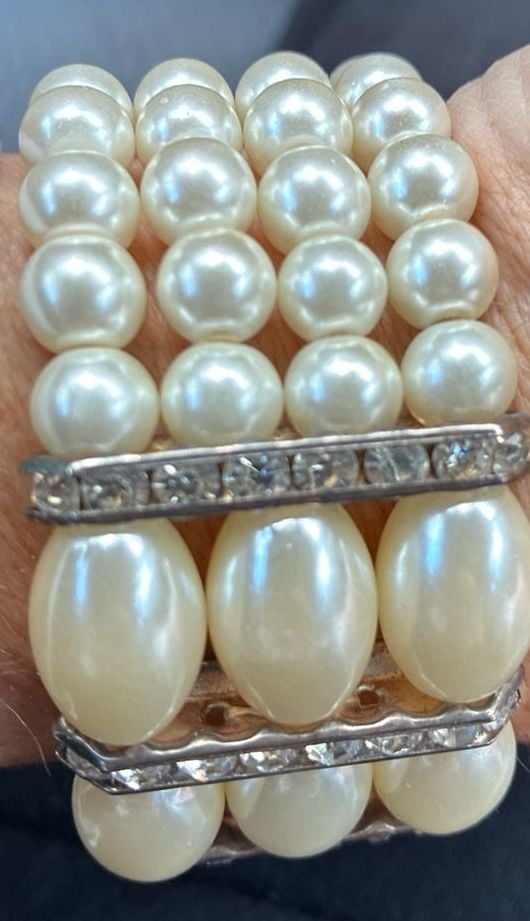 4 Strand White Faux Pearl & Crystal Bracelet Wedding Wide 4