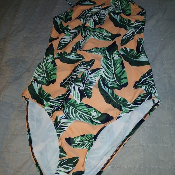 Tropical Leaf Print Lace-Up Back One-Piece Swimsuit